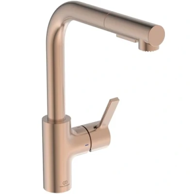 Immagine di Ideal Standard Gusto, Miscelatore monocomando per lavello da cucina, Bocca ad L tubolare con doccetta orientabile ed estraibile a due funzioni, Sunset Rose