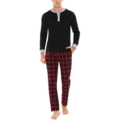 Immagine di Doaraha Pigiama da Uomo in Cotone, 100% Cotone Lungo Comodo Pigiami Due Pezzi Manica Lunga Set Invernale S XXL