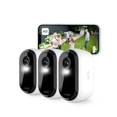 Immagine di Arlo Essential 2 Telecamera WiFi Esterno Senza Fili, HD, Interno, Sirena Allarme Casa, Sensore Di Movimento, Visione Notturna A Colori, Prova Inclusa Secure, 3 Telecamere, Bianche