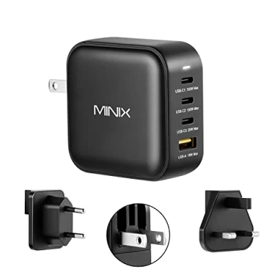 Immagine di MINIX NEO P3 100W Turbo Caricatore da muro GaN A 4 porte, 3 USB C (max 100W/20W), 1 adattatore di ricarica rapida 18W) per laptop, cellulare e altro.