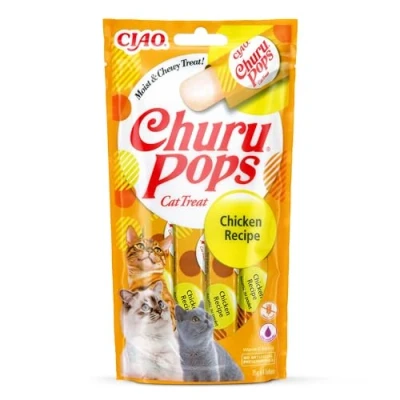 Immagine di INABA Churu Pops Snack per Gatti in Stick di Gelatina al Pollo 1 Pack (4 x 15gr) Cibo Sano e Gustoso, Texture Morbida Gatto Senza Conservanti o Coloranti Artificiali