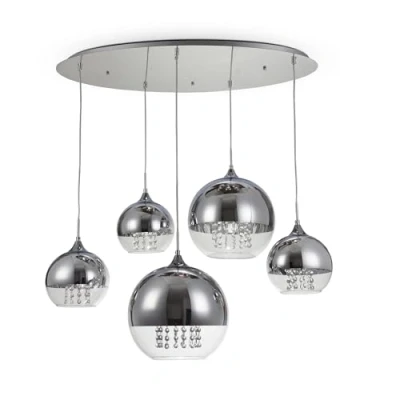 Immagine di Elegante Lampade Pendenti da Soffitto a Sospensione Regolabile, Lampadario in Metallo cromato, Paralumi grigi/trasparenti, Gocce cristallo dentro, 5 luci, per lampadine E27 60W 220V non incl