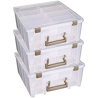 Immagine di ArtBin Super Satchel Double Deep 3 Pack, organizer portatili per arte e artigianato con manici, [3] custodie in plastica, accenti rosa, trasparente oro