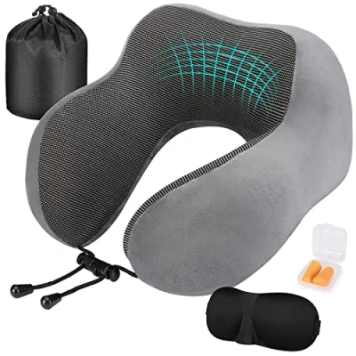 Immagine di Eono Cuscino da Viaggio, Collo Memory Foam, Cervicale Perfetto per Aereo Auto Ufficio, Inclusa Maschera Dormir, Tappi auricolari, Borsa Trasporto