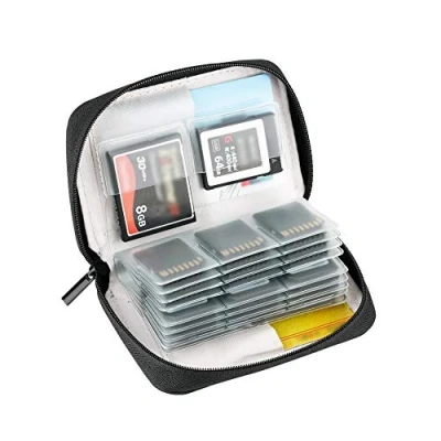 Immagine di KIWIFOTOS custodia per 28 schede di memoria con cerniera 24 SD/SDHC/SDHC + 4 CF (Compact Flash)/XQD, a portafoglio SD, colore grigio