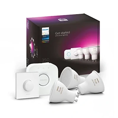 Immagine di Philips Hue White and Color Ambiance Starter Kit, 3 Faretti Smart, con Bluetooth, Dimmerabili, Attacco GU10, 1 Bridge Controllo Completo del Sistema e Telecomando Smart Button, Bianco