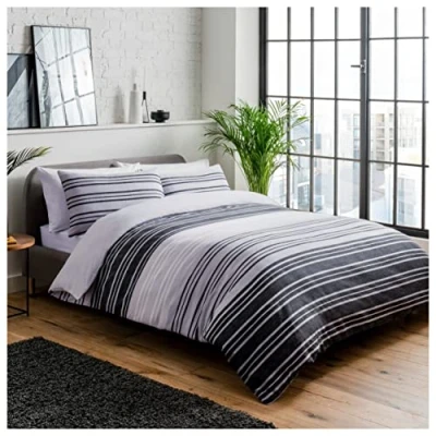 Immagine di Sleepdown Striscia Testurizzata Bianco Set Copripiumino King Size, Cotone Poliestere, Nero/Grigio