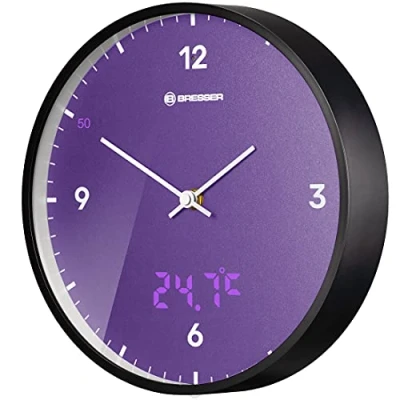 Immagine di Bresser MyTime LEDsec Orologio da parete con quadrante 24 cm, display a LED, temperatura interna e silenzioso, colore: Viola
