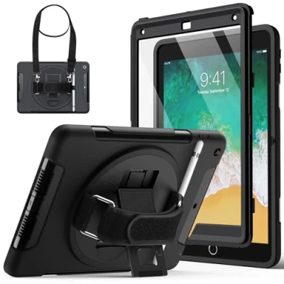 Immagine di JETech Custodia per iPad 9,7 Pollici (6a/5a Generazione, Modello 2018/2017) con Integrato Pellicola Prottetiva, Cover Robusta e Antiurto, Tracolla Supporto Rotante 360 Gradi (Nero)