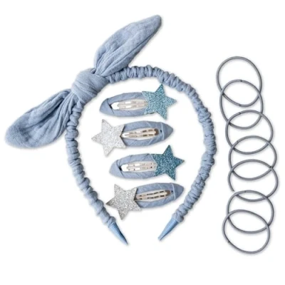 Immagine di Papierdrachen Speciale set di accessori per capelli con cerchietto, fermagli capelli, elastici combinati tessuto mussola alta qualità azzurro ragazze e donne