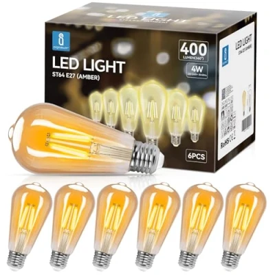 Immagine di Aigostar ST64 Lampadina Stile Decorazioni Vintage Edison, Led E27 Da 4W(Equivalente A 35W), 2200K Filamento Bianco Caldo, 400 Lumens,Non Dimmerabile,Confezione 6 Unità