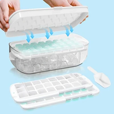 Immagine di Ghiaccio Stampo in Silicone Alimentare, con Coperchio, Rilascia Tutti i Cubetti un Secondo, Vassoio Riutilizzabile da 48 (Bianco)