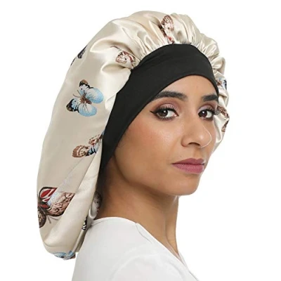 Immagine di SENGTERM Cuffia da notte in raso elastico, a fascia larga per donne, capelli lunghi e ricci, colore (L, butterfly)