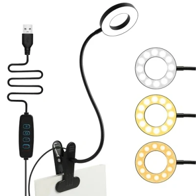 Immagine di lampada da lettura con clip, LED flessibile a 360, 3 modalità luminose e 10 livelli di luminosità, comodino USB, tavolo risparmio energetico per comodino, letto
