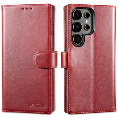 Immagine di Lensun Custodia per Samsung Galaxy S24 Ultra, Cover in Vera Pelle Protettiva Libro con Portafoglio [RFID Blocking] Chiusura Magnetico Flip Custodie Cuoio Ultra Vino Rosso