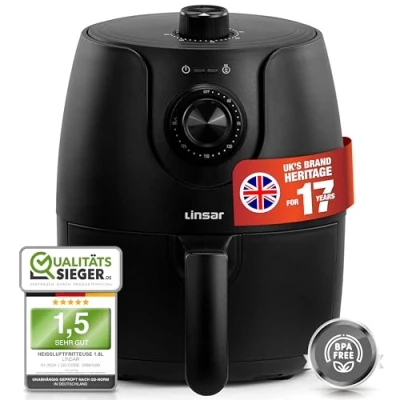Immagine di Linsar Friggitrice ad aria calda 1,8L con timer e funzione Keep Warm Temperatura selezionabile più risparmio energetico veloce del forno 1200 Watt Piccolo (Nero)