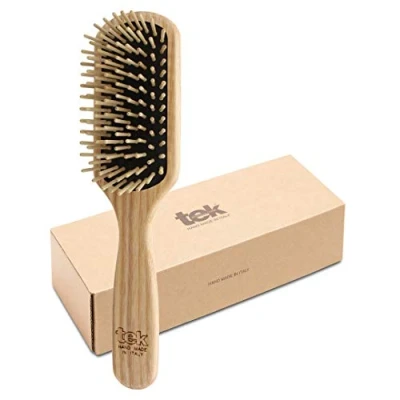 Immagine di TEK Spazzola Rettangolare Media in Legno di Frassino con Dente Corto, Handmade Italy, per Capelli Fini o Lisci, Districante e Massaggiante