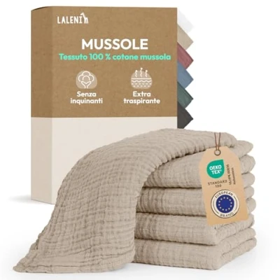 Immagine di Laleni Mussole Neonato Cotone 70x70cm In Set Di 5 Quadrotti Per Pelli Sensibili Asciugamani Extra Morbidi E Assorbenti Lavette Quadrati Beige