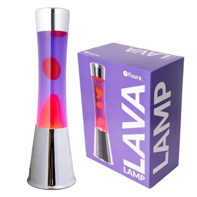 Immagine di FISURA Lampada lava rossa e viola. Base argento cromato, liquido viola rossa. ad effetto rilassante. Con lampadina di ricambio. 11 cm x 39,5 cm.