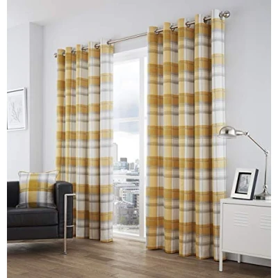 Immagine di Fusion Balmoral Check Coppia di Tende pronte all&#039;Uso in Cotone 100%, Ochre, Curtains: 66 Width x 90 Drop (168 229cm)