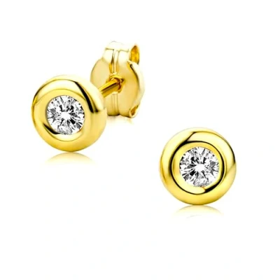 Immagine di Orecchini Orovi con Zirconi circondati da un bordo di Oro Giallo Lucido, Vero 9KT 375, Piccoli a lobo,Orecchino Bottone ipoallergenici perno e chiusura farfalla pressione.
