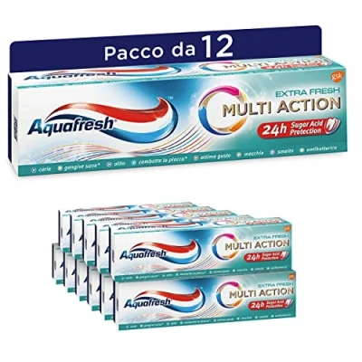 Immagine di Aquafresh Dentifricio Multi Action, Protezione Carie, Gengive Sane, Alito Fresco, Smalto Forte, Contro Placca e Macchie, Extra Fresh Pacco da 12x75ml