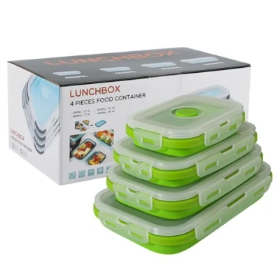 Immagine di Beeptrum Contenitore per alimenti in silicone pieghevole con coperchio, portatile, salvaspazio, adatto al microonde e congelatore, set di 4 (Verde chiaro)