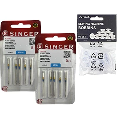 Immagine di Confezione da 10 aghi per macchine cucire Singer 2045, spessore 90/14, tessuti Jersey (SUK) elastici e di punto (stretch) 130/705 (Talone piatto un lato) universali + anelli trasparenti