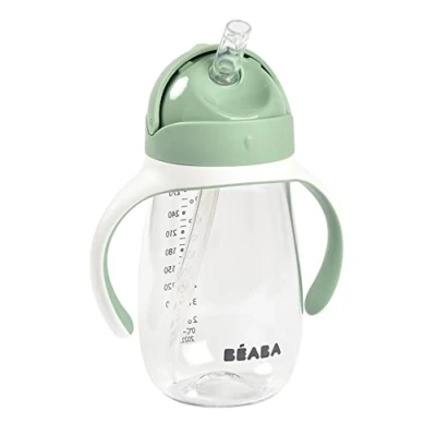 Immagine di BÉABA, Biberon/Tazza di apprendimento 2 in 1, Tazza con cannuccia per bambini, 100% a tenuta, Salvagoccia, Facile da aprire, Manici removibili, Tritan e Silicone, 300 ml, Verde Salvia