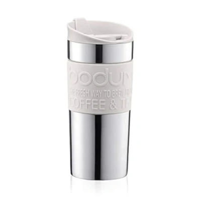 Immagine di Bodum Vacuum Tazza da viaggio in acciaio INOX con coperchio e banda bianchi, piccola, 0,35 l