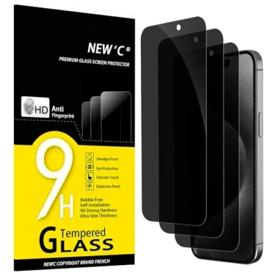 Immagine di NEW&#039;C 3 Pezzi, Pellicola Protettiva Privacy per iPhone 15 Pro Max, Plus (6,7 Pollici), Angolo di 28 Gradi Migliorato, Durezza Ultra Resistente 9H, Senza Bolle
