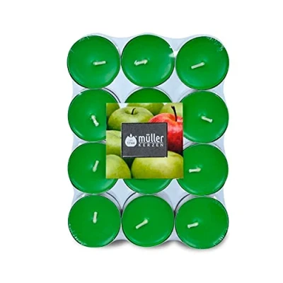 Immagine di Müller Tealights Candele Profumate Fragranza Mela 39 x 15 mm Durata 4 Ore Lumini di Cera Colore Verde Set 24 Candeline