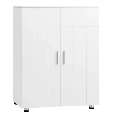 Immagine di EUGAD Armadietto da Bagno con Ripiani Regolabili, Mobiletto Multiuso 3 Scomparti, Maniglie e Ante, Organizzatore per Cucina, Ingresso, Soggiorno, in MDF Metallo, Bianco