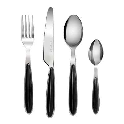 Immagine di EXZACT Posate Acciaio Inossidabile con Manici di Colore 6 Forchette, Coltelli Cena, Cucchiai Cucchiaini (Nero x 24) (EX07 Set)