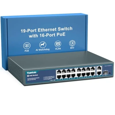 Immagine di Switch PoE 16 Porte YuanLey con 2 Uplink Ethernet Gigabit, 1 Porta SFP, Supporto PoE+ 250W 802.3af/at, di Rete Non Gestito AI Watchdog, VLAN, Protezione 6KV, Rackmount Plug and Play