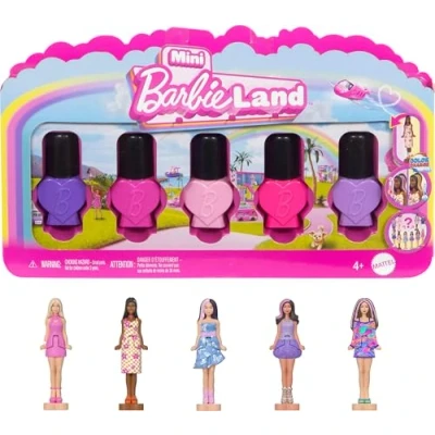 Immagine di Barbie Mini BarbieLand Fashionistas, Set con 5 Bambole in contenitori a Forma di Smalto per Unghie, Tutte Sorpresa e da Collezionare, Giocattolo Bambini, 4+ Anni, JGL28