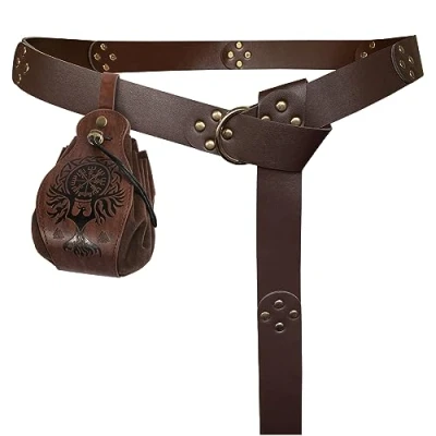 Immagine di HiiFeuer cintura con rivetti medievali e custodia portatile coulisse Phoenix, borsetta in finta pelle rinascimentale per il LARP (marrone A)