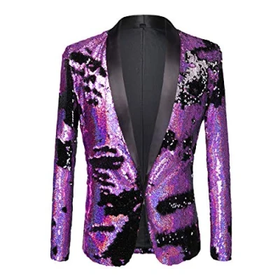 Immagine di PYJTRL Giacca da Uomo con Paillettes Lucide (Viola E Nero, L)