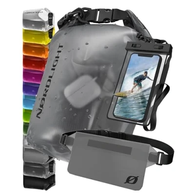 Immagine di Borse Impermeabili Con Custodia Per Cellulare E Marsupio Impermeabile (10L, Grigio) Dry Bag A Secco Chiusura Rotolo Nuoto, Canottaggio, Spiaggia, Stand Up Paddling