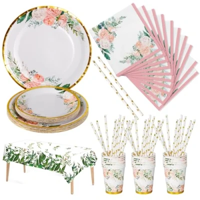 Immagine di Nkaiso Stoviglie per Feste Fiori 126 Pezzi Carta Set Include Piatti di Tovaglioli Tazze stoviglie, Baby Shower, Matrimoni, Compleanno 25 Ospiti
