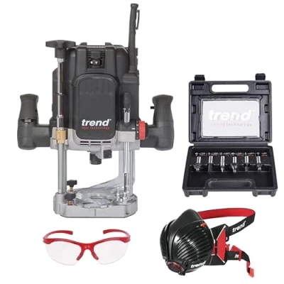 Immagine di Trend T14 Kit di Avvio Definitivo per Fresatura, T14EK/EU Fresatrice a Immersione Velocità Variabile (2300W, 12mm, 230V), Set 6 Frese da Maschera e Occhiali, T14/START/SET/E