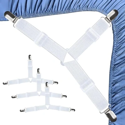 Immagine di Elastici per Lenzuola, 4 Pezzi Bianco Tendi 3 Modi Triangolo Clip Lenzuola,Bretelle Lenzuola con in Metallo, Fissare Coprimaterassi, Divano