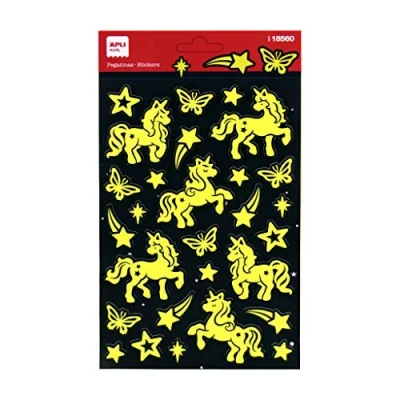 Immagine di APLI Kids 18560 Adesivi con Finitura luminescente Modello Unicorni Si Illuminano al Buio. Include 1 Foglio 26 permanenti,