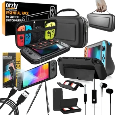 Immagine di Orzly Accessori per Nintendo Switch (Confezione Include: Custodia Switch, Copertura Giochi, Pellicola Protettiva, Grip Case Cover, Cavo USB, Cuffie) Colori di Nero
