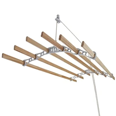 Immagine di MonsterShop Stendibiancheria da Soffitto Robusto con 6 Stecche di Legno 120cm e Supporti in Ghisa Bianchi per Asciugare Vestiti, Indumenti Biancheria