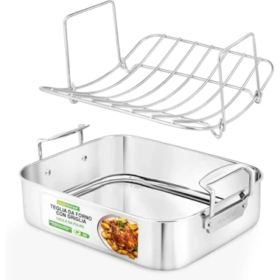 Immagine di NutriChef Teglia Forno e Rettangolare con Griglia Lucidata, Manici Larghi Coperchio in Acciaio Inox, Ideale per Arrosti, Cene di Ringraziamento Piatti Profondi