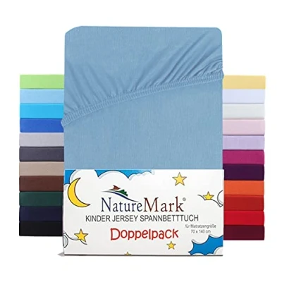 Immagine di NatureMark Set di 2 lenzuoli con angoli elasticizzati per bambini, in jersey, 100% cotone, culla e lettino, 70 x 140 cm, blu chiaro