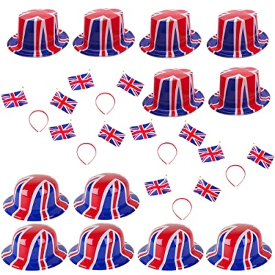 Immagine di Toyland® Olympics 18 pezzi Union Jack Party Wear Bundle 6 cappelli a bombetta, cilindro e fasce per capelli British Fancy Dress