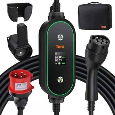 Immagine di Tera Mobile Wallbox tipo 2 portatile: 11 kW, 3 fasi, 6 16 A, 7,5 m, cavo di ricarica CEE 5 pin, caricatore EV, 0,5 ore, ritardata, potenza regolabile, supporto per auto