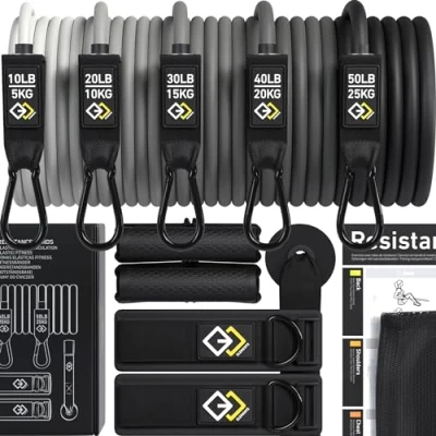 Immagine di GJELEMENTS Elastici Fitness Set di Fasce Elastiche Resistenza Premium con Maniglie, Cinghie per Caviglia, Ancoraggio da Porta Attrezzi Palestra Esercizi, Sport, Allenamento, Pilates